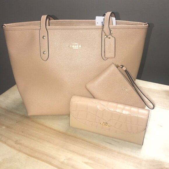 Coach F31254 City Zip Tote Glitter Shimmery Crossgrain Leather Handbag Beechwood - Picture 1 of 14